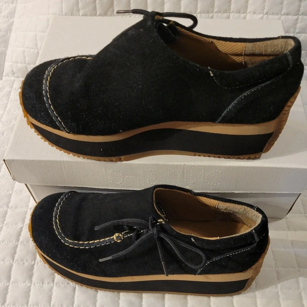 Y2K Splash Fashion Footwear Black Suede 2000s Platforms Beige Trim Festival Cute